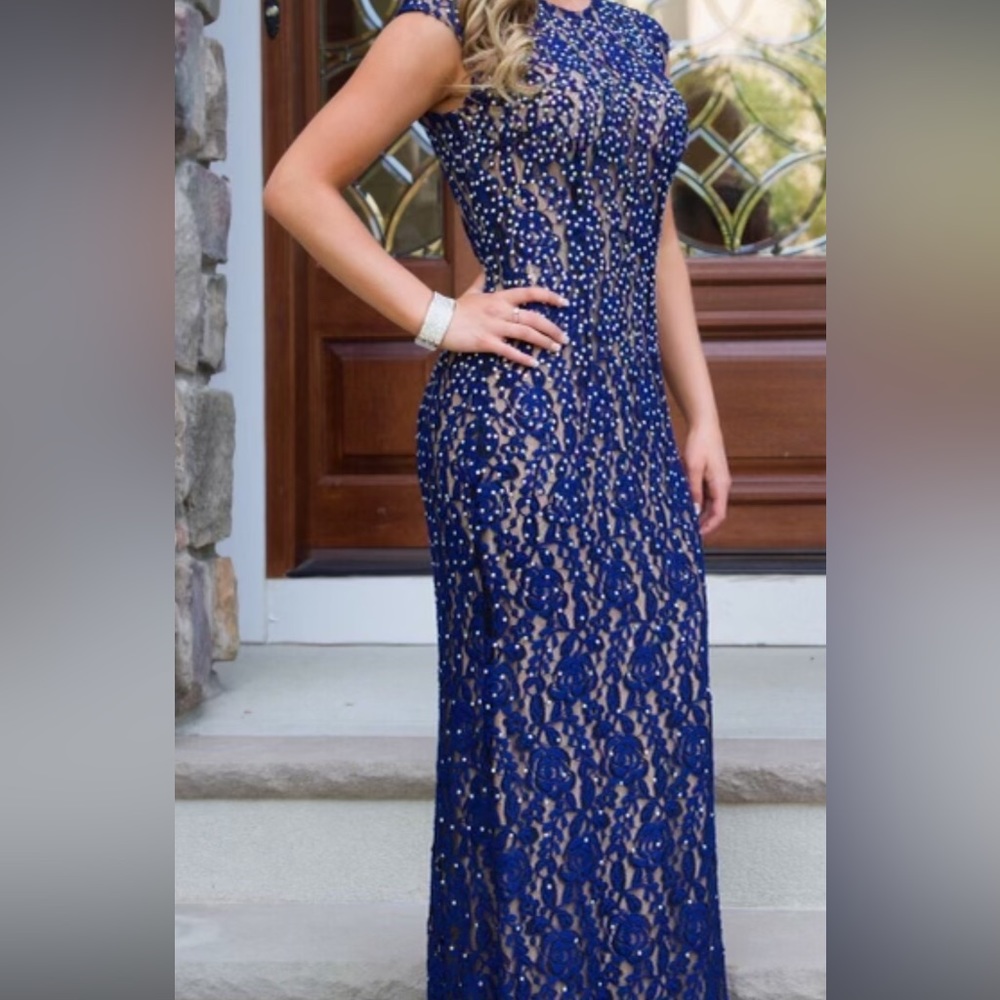 Jovani sapphire blue- rhinestone studded formal gown.